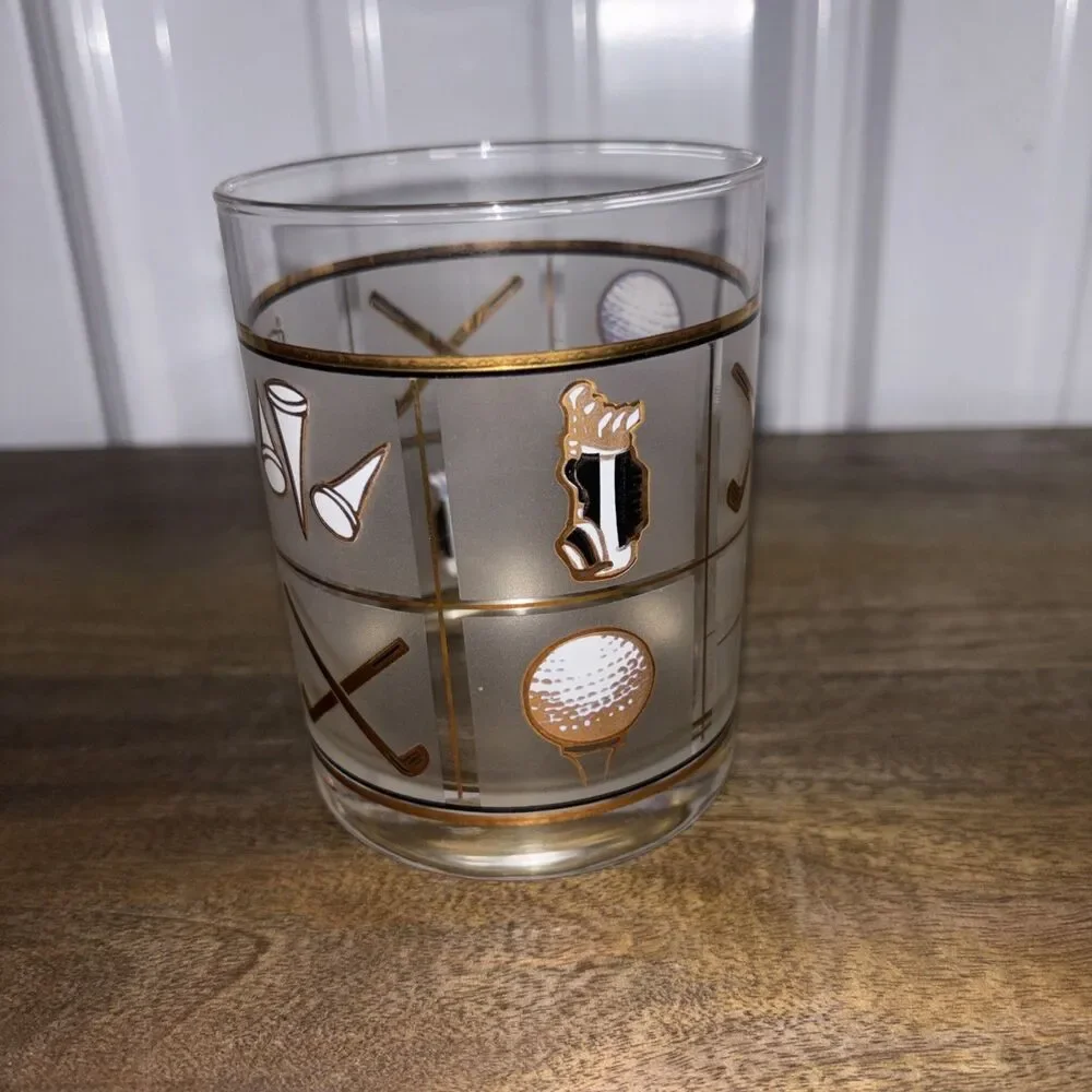Culver USA Fairway 22k Gold Golf Accents Double Old Fashioned Cocktail Glass MCM